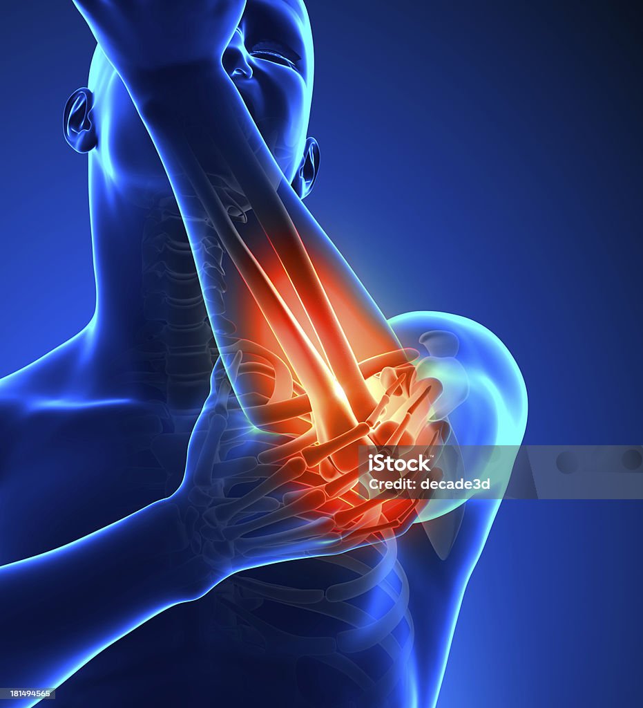 Elbow Pain Male - Front view Elbow Stock Photo