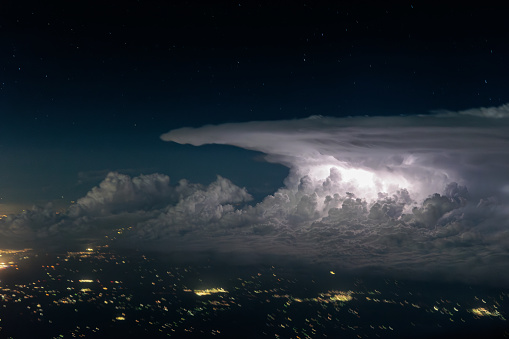 Aerial view of a thunderstorm at night over Eastern Colorado
