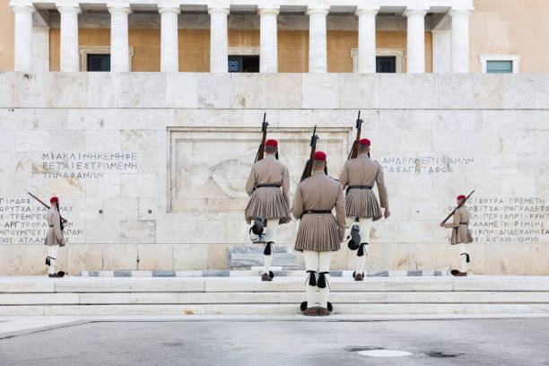 Changing of the presidential guard on Syntagma Square in the center of Athens (Greece) stock photo