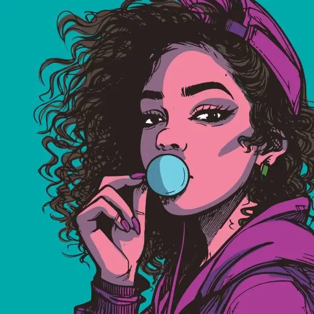 Vector illustration of Closeup of an urban hip hop woman wearing a purple hat and chewing gum. Cool gangsta girl with curly hair.