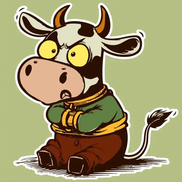 Vector illustration of Cute cartoon character in a straitjacket being mad and angry. Upset mascot cow in a strait jacket sitting down