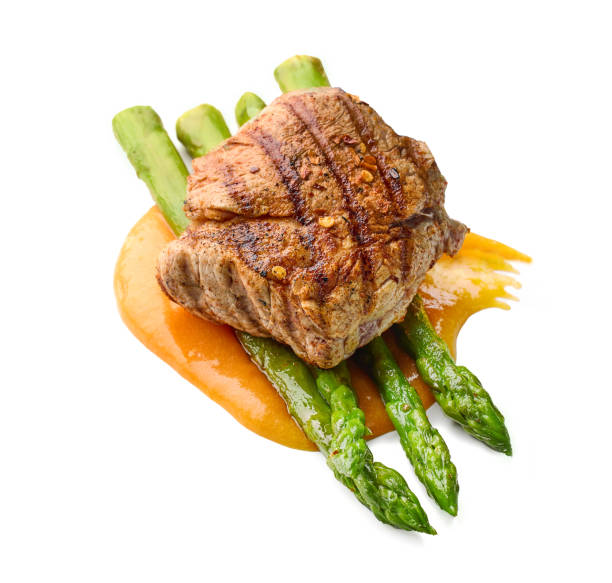 grilled pork steak and asparagus isolated on white background