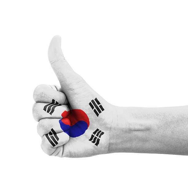 Hand with thumb up, South Korea flag painted as symbol of excellence, achievement, good - isolated on white background