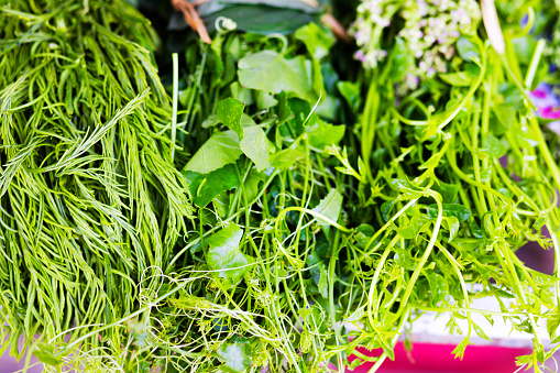 Green thai vegetables and leaves  at market stall in Chiang Rai province