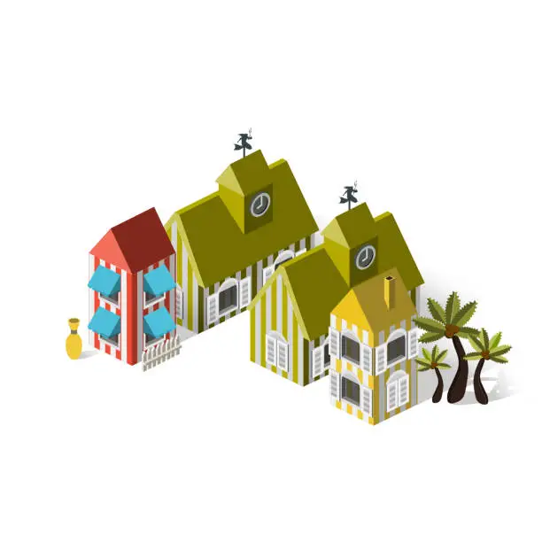 Vector illustration of Isometric European Houses - European Buildings - Small Spanish Town - Villages in Europe - Destination Europe - Travel Spot - Locations - Places in Europe - Visit Spain - European Architecture - Travel Rentals - Visit Portugal - Portuguese Architecture