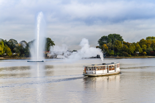 Hamburg Alster with fountain and steam-boat