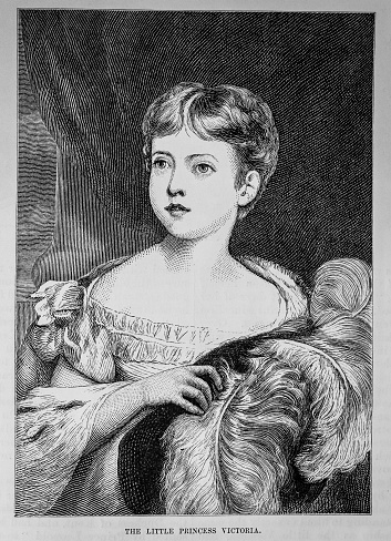 Engraving  from Harper's New Monthly Magazine Volume LXL June to November 1880 depicts a formal portrait of  Princess (Later Queen) Victoria a a child. .Queen Victoria was born in 1819 and reigned from 1837 to her death in 1901. This portrait is from about 1827.