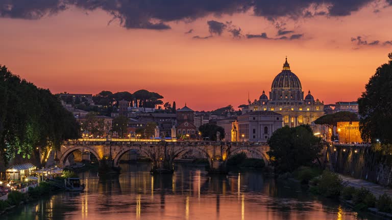 Day to night Time Lapse Scene of St. Peter's Basilica and Ponte Sant'Angelo From Ponte Umberto I bridge, Rome, Italy