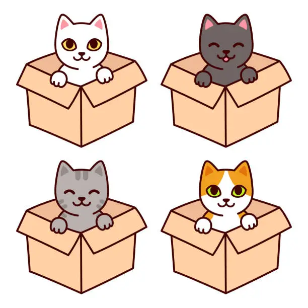 Vector illustration of Cute cartoon cat in cardboard box set