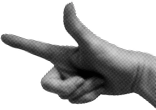 Vector illustration of Pointing hand. Retro halftone.