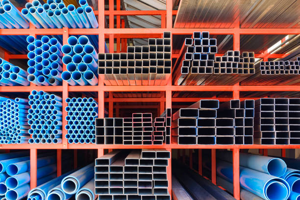 istock Various sizes of many carbon steel rectangular and square tubes with blue PVC water pipes on storage shelf of building supply store 1815009748