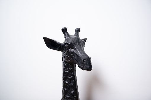 giraffe, decorative figure of the bust of a black metallic giraffe on a white background, horizontal photo from the back