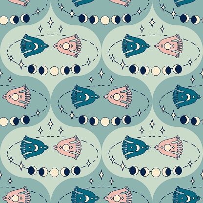 istock Damask style seamless pattern, birds day and night, moon phases, stars. Magic print for tee, paper, textile and fabric. Doodle vector illustration. 1815016486