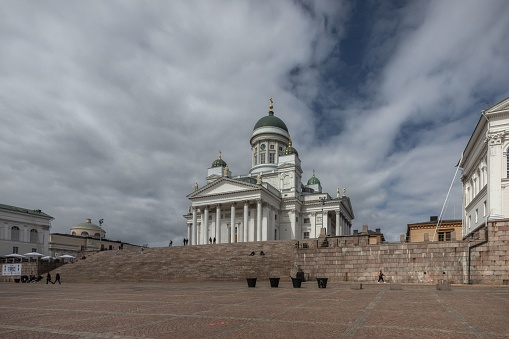 helsinki, Finland – November 02, 2023: The staircase and facade of Helsinki Cathedral