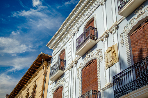 Colorful facades of manor houses from the beginning of the late 19th century in Jumilla, Murcia