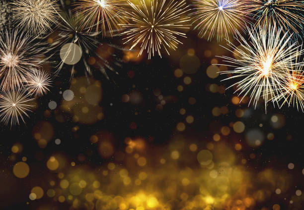 istock Fireworks with bokeh lights with copy space for text. Happy New Year holidays background 1815030969