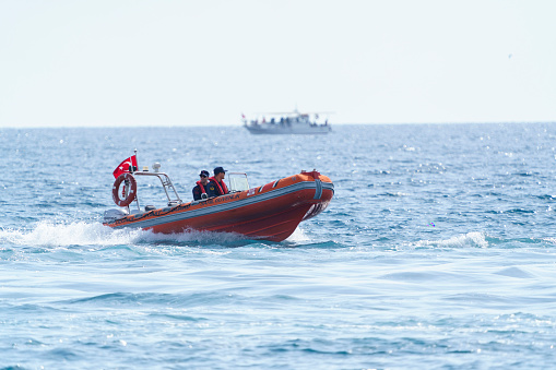 Turkey- Antalya, 11.11.2023: Antalya Coast Guard boat conducts protection patrol during the Turkish Stars show.