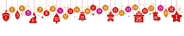 Calendar banner of december with numbers, stars, Christmas balls and toys, Christmas baubles for countdown including Advent, Christmas, the pre-New Year period and the New Year day - vector vector art illustration