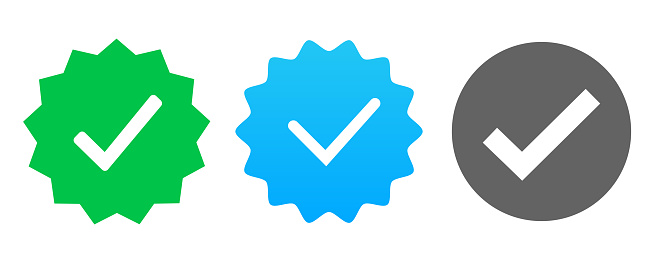 Whatsapp, Viber, Youtube, set verified profile badges. Blue check mark verified account icons. Account verification icon. Guaranteed safety person sign. Approved tick profile