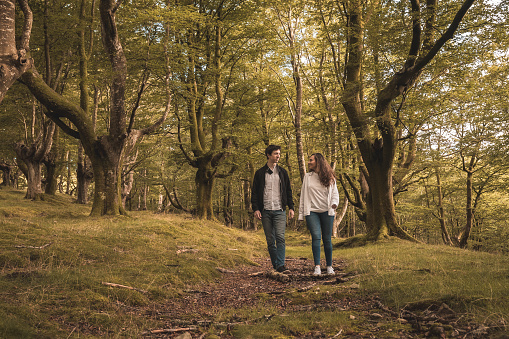 Frontal view of lovers holding hands and walking in the forest