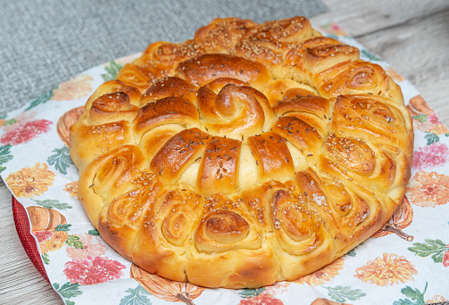Freshly baked Pie Bread - Typical Bread type for Celebrations in Balkans, hand made and served fresh on the Table.