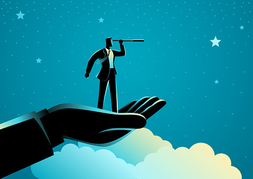 Illustration showcasing a helping hand guiding a businessman using a telescope to observe the stars. This powerful business concept symbolizes vision, collaboration, and reaching for ambitious goals