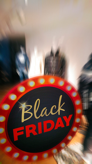 Black friday sign, detail of a store window in  Galicia, Spain. Copy space available on the right.