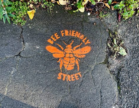 Orange bee friendly street sign sprayed on a pavement in Walthamstow, London. November 2023