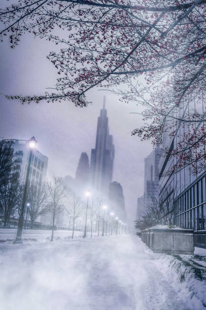 Winter in Philadelphia city. Center city Philadelphia, USA. White winter, city covered in snow philadelphia winter stock pictures, royalty-free photos & images