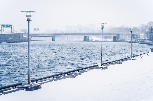 Snowy winter in center city Philadelphia. Schuylkill river trail