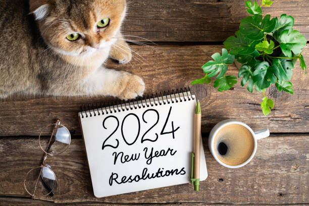 neujahrsvorsätze 2024 auf dem schreibtisch. liste der vorsätze für 2024 mit notizbuch, kaffeetasse, niedlicher katze auf dem tisch. ziele, vorsätze, plan, gemütlichkeit, hygge-konzept. neujahr 2024 hintergrund - determination new years eve list calendar stock-fotos und bilder