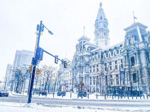 Center city Philadelphia covered in white snow. Winter.