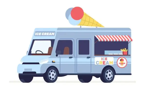 Vector illustration of Ice cream truck. Street food automobile van. Cold desserts selling. Park kiosk on wheels. Takeaway cafe. Outdoor transport counter. Refreshing sweets. Wafer cone and awning. Vector concept