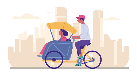 Rickshaw pulling woman. Travel by trishaw. City transportation. Bike vehicle. Man riding tricycle. Pedicab taxi. Passenger bicycle cart. Asian public transport. Urban road. Biking cab. Vector concept