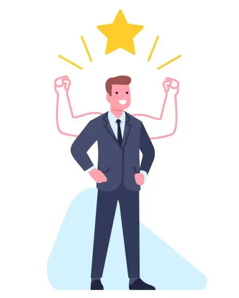 Vector illustration of Strength and self confidence. Businessman with raised hands in air. Muscle arms. Leader star. Office employee. Confident guy. Professional achievement. Man showing biceps. Vector concept