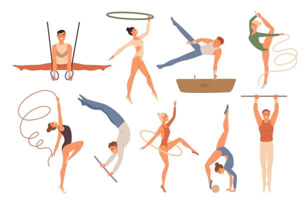 Athletic gymnastics. Acrobatic characters. Different sport types. Male and female athletes. Sportsman at bars. Women with hoops and ribbons. Artistic and rhythmic. Garish vector set Athletic gymnastics. Acrobatic people characters. Different sport types. Male and female athletes. Sportsman at bars. Women with hoops and ribbons. Artistic and rhythmic exercises. Garish vector set gymnastics stretches stock illustrations