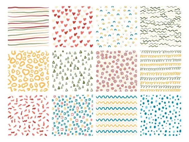 Vector illustration of Doodle textures. Hand drawn abstract elements. Minimal simple patterns. Free forms. Geometric random shapes. Curves and lines prints. Flat scribble spirals and hearts. Recent vector set