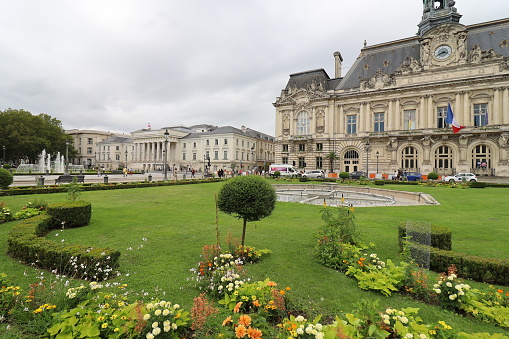 Reims, France-02 27 2023: The Place Royale is a square in Reims, France. A bronze statue of king Louis XV of France commissioned by the city from Jean-Baptiste Pigalle and inaugurated on 1765 stands in its center.