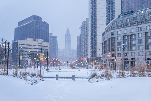 Center city Philadelphia, USA. White winter, city covered in snow
