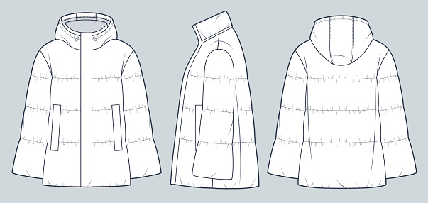 Bell Sleeve Puffer Jacket technical fashion Illustration. Hooded down Jacket, Coat fashion flat technical drawing template, pockets, front, side and back view, white, women, men, unisex Outerwear CAD mockup set.
