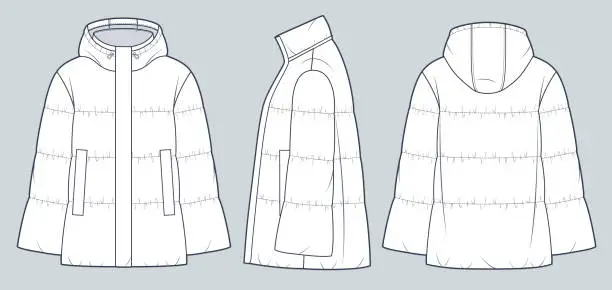 Vector illustration of Bell Sleeve Puffer Jacket technical fashion Illustration. Hooded down Jacket, Coat fashion flat technical drawing template, pockets, front, side and back view, white, women, men, unisex Outerwear CAD mockup set.