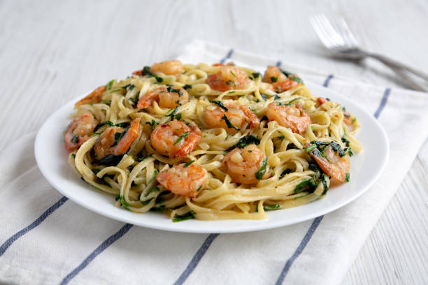 istock Homemade One-Pot Lemon Garlic Shrimp Pasta on a Plate, side view. Close-up. 1815141048