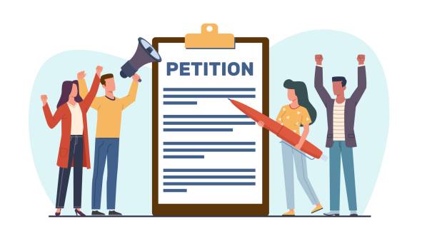 Petition, collective appeal. Online balloting, men and women with megaphone and pen. People signing and spreading electronic document for government cartoon flat isolated vector concept Petition, collective appeal. Online balloting, men and women with megaphone and pen. People signing and spreading electronic document for government cartoon flat isolated illustration. Vector concept petition stock illustrations
