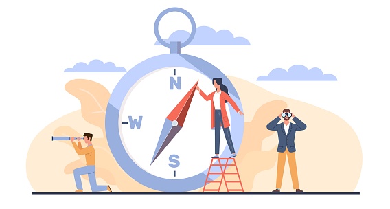 Concept of wayfinding, businessmen with compass and telescope looking for right direction. Successful way for company development choosing. Planning future. Cartoon flat isolated vector illustration