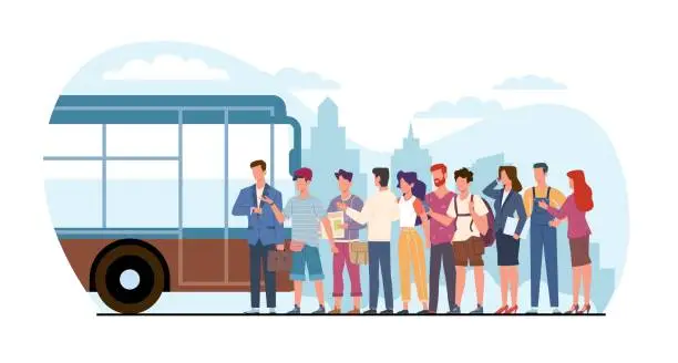 Vector illustration of Group of people waiting to board bus at city public transportation station. Schoolchildren, workers and business people. Urban transport. Late driver cartoon flat isolated vector concept