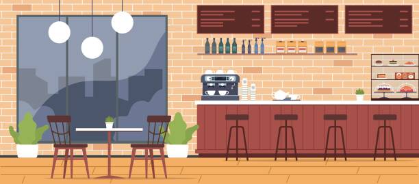 Cozy interior of modern cafeteria with chairs and table. Cake and desserts in fridge. Coffee machine on bar counter, modern furniture. Menu on wall. Cartoon flat isolated vector concept Cozy interior of modern cafeteria with chairs and table. Cake and desserts in fridge. Coffee machine on bar counter, modern furniture. Menu on wall. Cartoon flat isolated illustration. Vector concept cafe bar counter stock illustrations