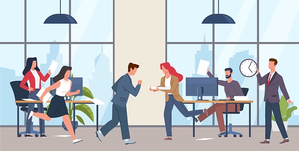 Panic and stress in the office, disruption of work deadlines. Stressed male and female employees, ineffective unproductive work. Hurry men and women cartoon flat isolated illustration. Vector concept