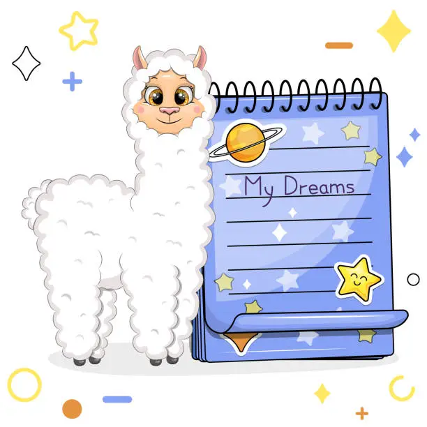 Vector illustration of A cute cartoon llama and a blue notebook with stickers.