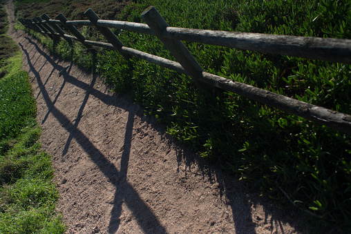 Wooden fence with shadows from the sun in perspective among a green meadow