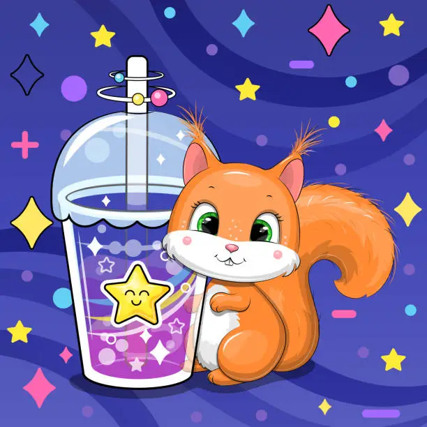 Vector illustration of Cute cartoon squirrel with a big star drink.